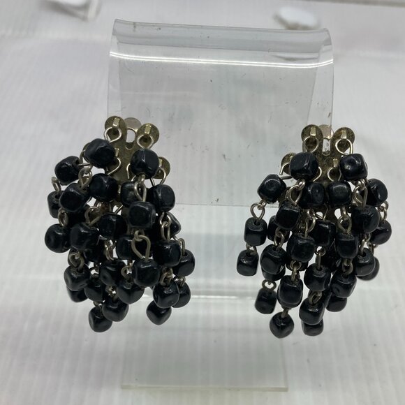 Vtg 1950 mourning black dangle glass beads waterfall gothic steampunk earrings - Picture 1 of 5